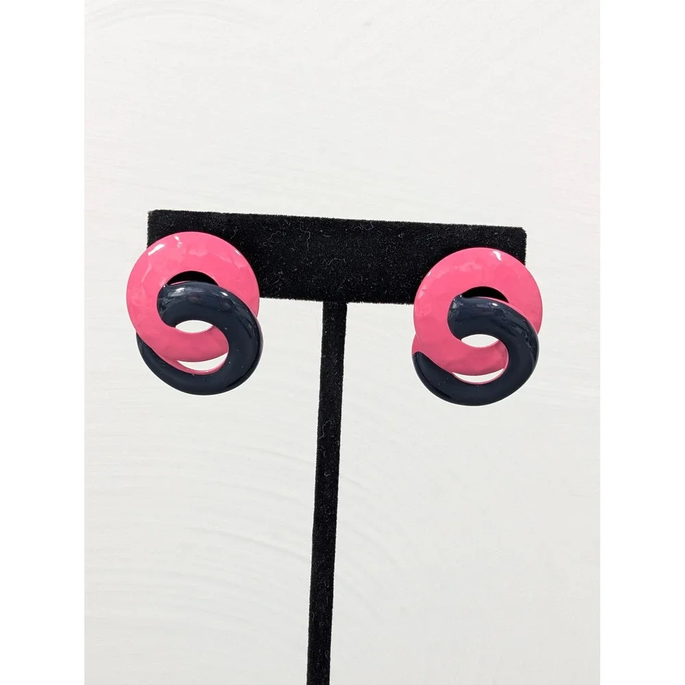 Vintage Pink Navy Enamel Swirl Earrings‎ Retro 80s 90s Statement